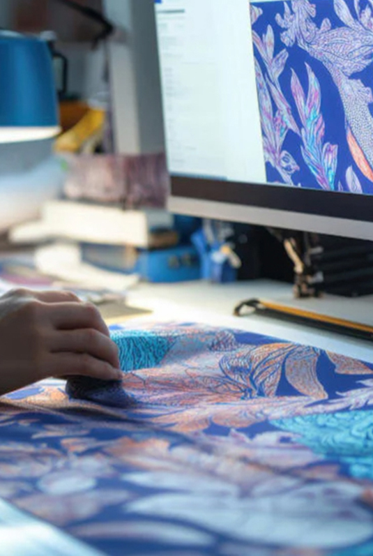 Design studio moodboard with fabric samples and creative textile ideas