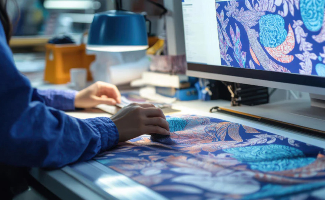 Digital weaving design software with loom control panel in textile studio